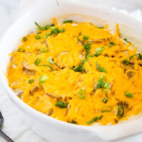 A bowl of cheesy potatoes, with Dinner and Gratin