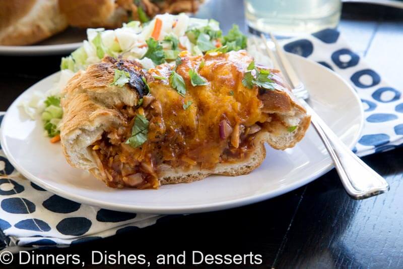 barbecue chicken stuffed french bread on a plate