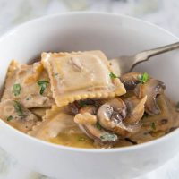 beef stroganoff ravioli skillet in a bowl