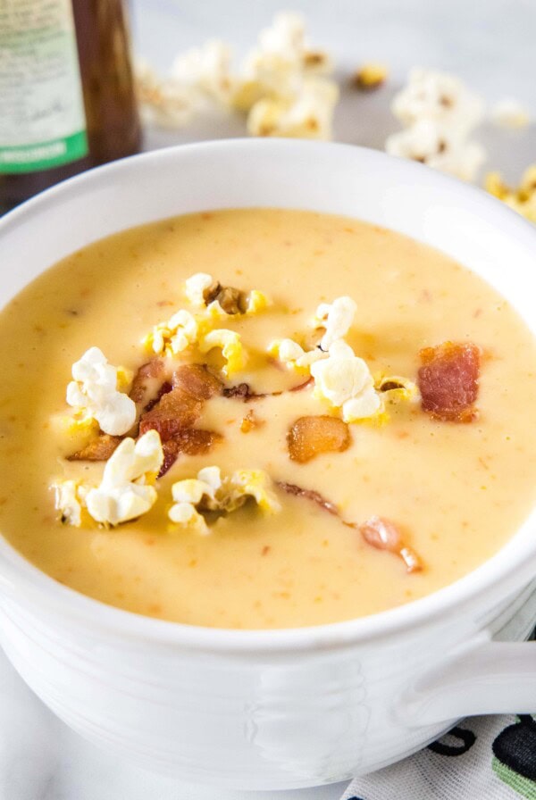 cropped in bowl of beer cheese soup