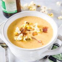 cropped in bowl of beer cheese soup