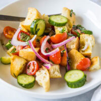 cropped close up panzanella salad on a plate
