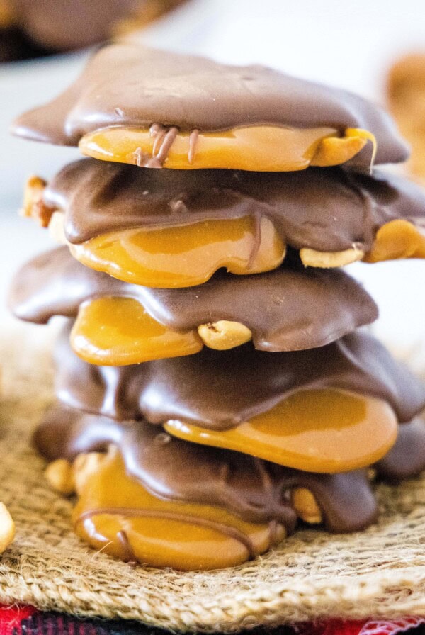 close up stacked cashew caramel clusters