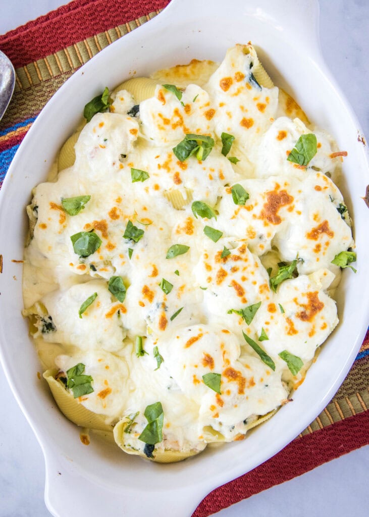 looking down on dish of baked stuffed shells