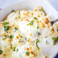 close up scooping alfredo stuffed shells out of baking dish