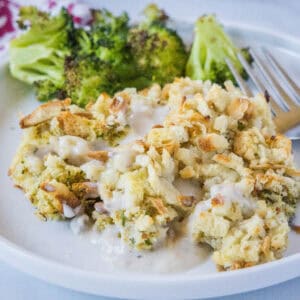 close up chicken stuffing casserole on a plate