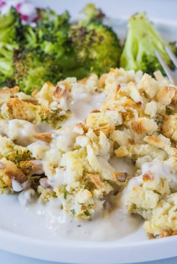 close up chicken stuffing casserole on a plate