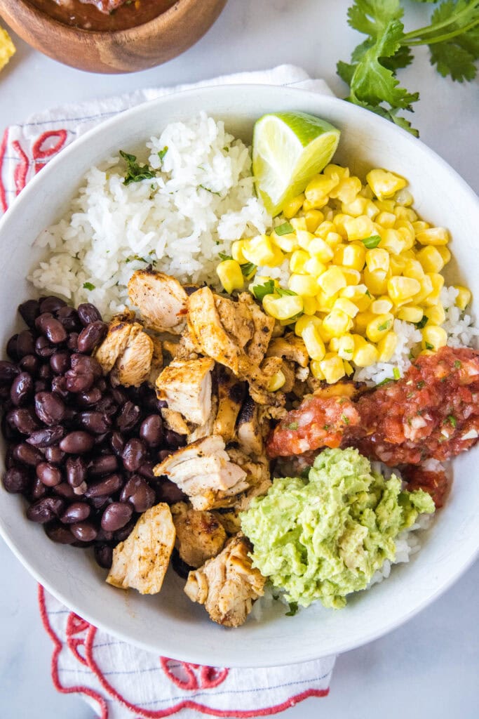 looking down on a copycat chipotle chicken bowl