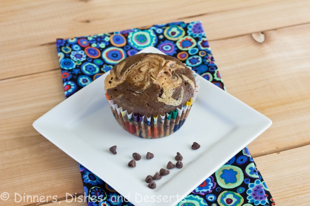 Choc PB Muffins Blog Double Chocolate Peanut Butter Swirl Muffins - Soft and tender Double Chocolate Muffins, with a swirl of peanut butter on top!
