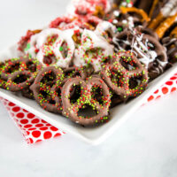 close up chocolate dipped pretzels