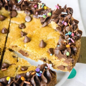 a slice of cookie cake on a spatula