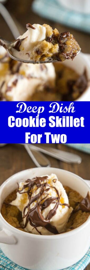 Deep Dish Chocolate Chip Cookies for Two -An ooey, gooey, chocolate-y deep dish cookie that makes just enough for two people. A homemade version of the famous Pizookie.