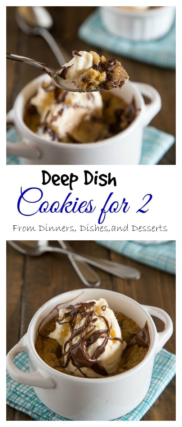 Deep Dish Chocolate Chip Cookies for Two -An ooey, gooey, chocolate-y deep dish cookie that makes just enough for two people. A homemade version of the famous Pizookie.
