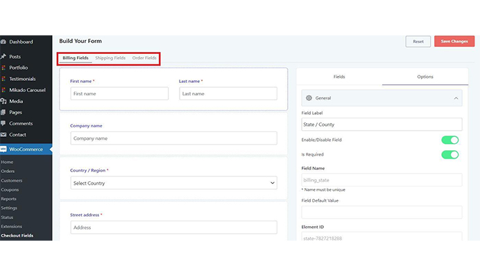 Customize the checkout fields