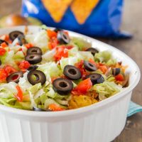 dorito taco casserole in a dish