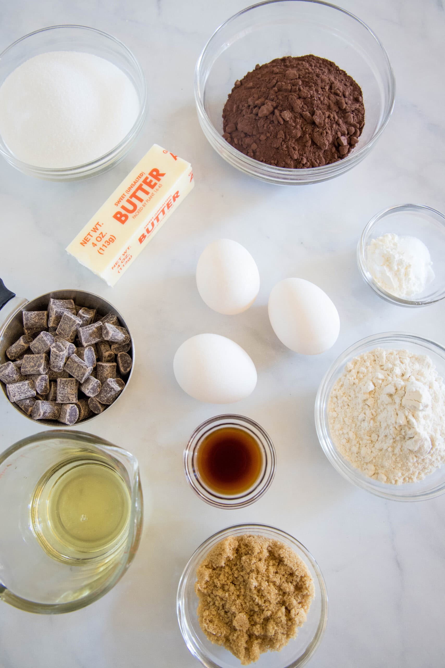 Ingredients for double chocolate brownies.