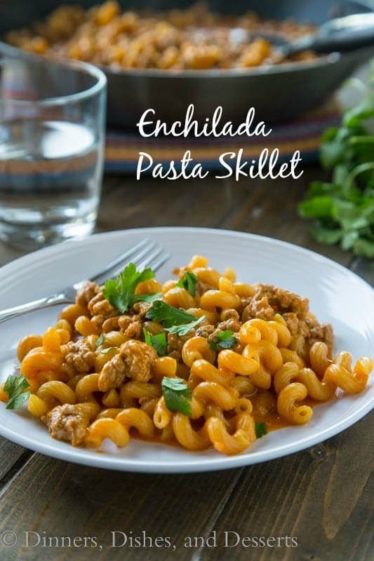 Enchilada Pasta Skillet is a homemade version of Hamburger Helper with a Mexican twist! Dinner is ready in 20 minutes, so it is perfect for any night of the week.