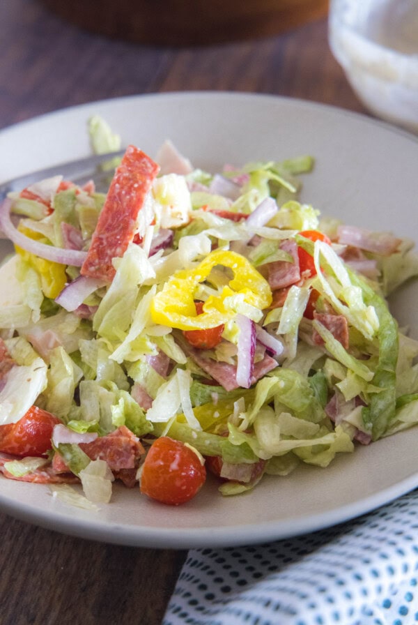 Grinder salad in a large white bowl.