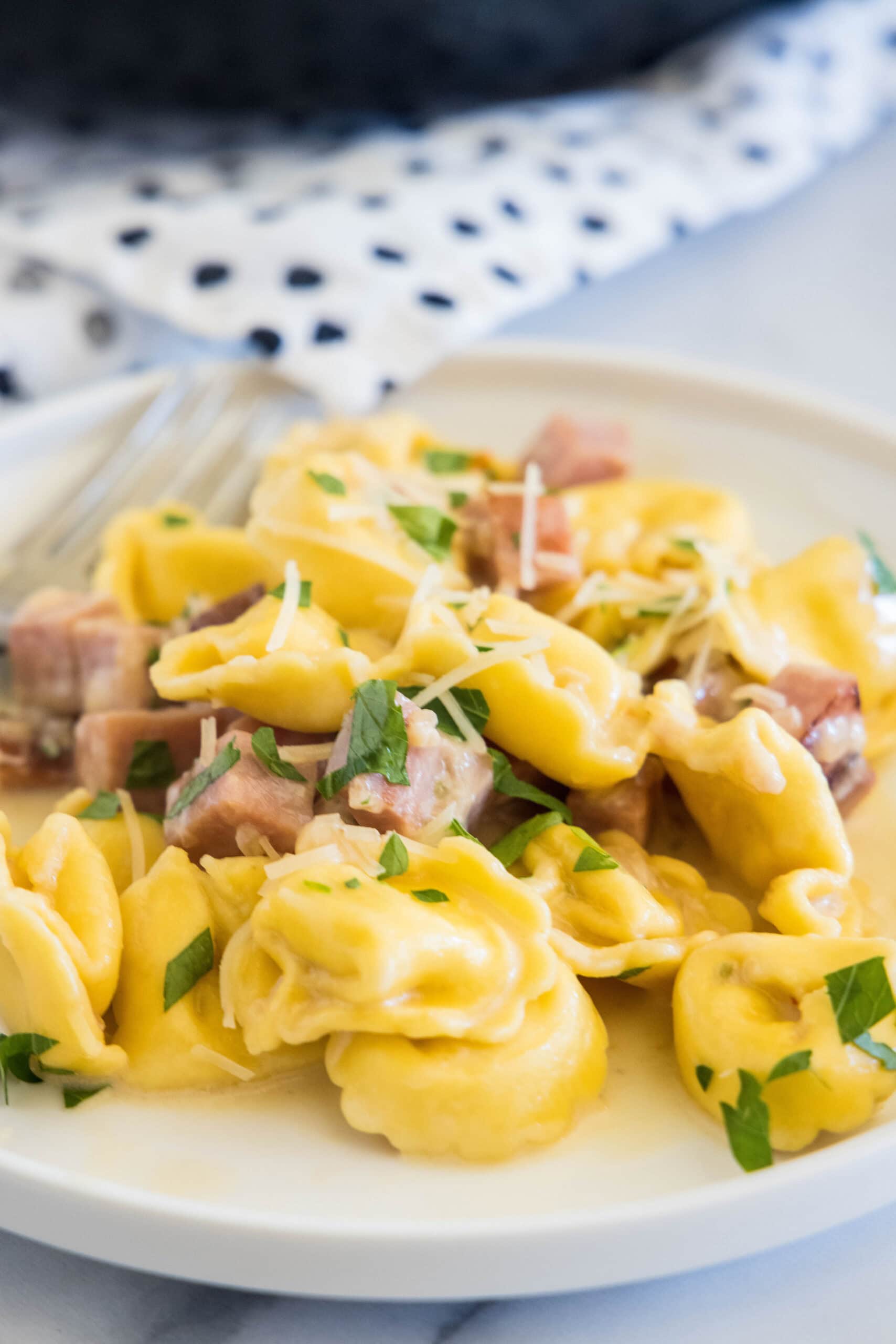 This ham tortellini recipe is an easy one-pan meal! Made with cheese tortellini and salty diced ham tossed in a rich, creamy cheese sauce. Ham tortellini garnished with chopped parsley and parmesan on a white plate, with a fork in the background.