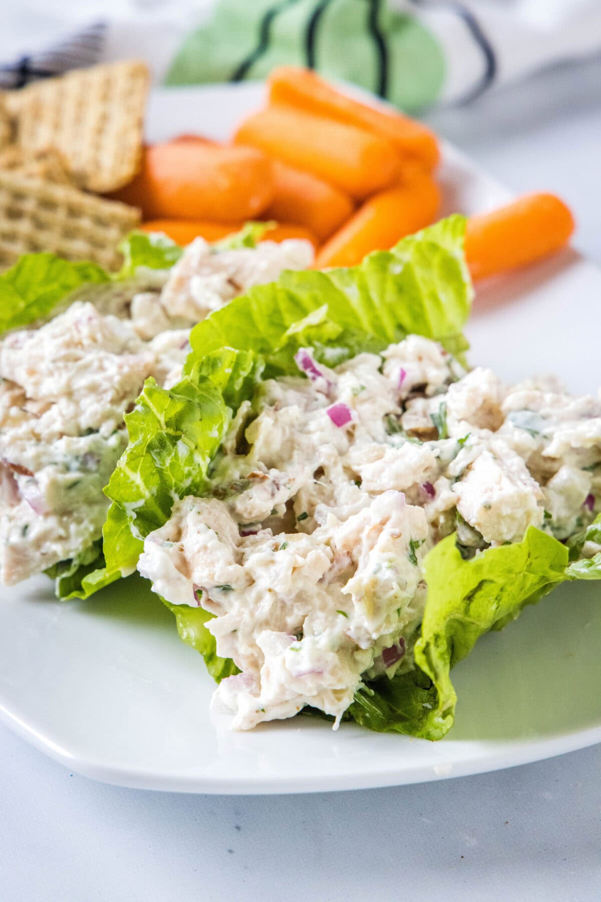 healthy chicken salad in lettuce cups on a plate