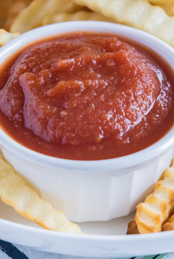 Close up of a ramekin of ketchup surrounded by fries