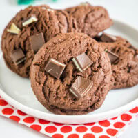 cropped close up chocolate pudding cookies on a white plate