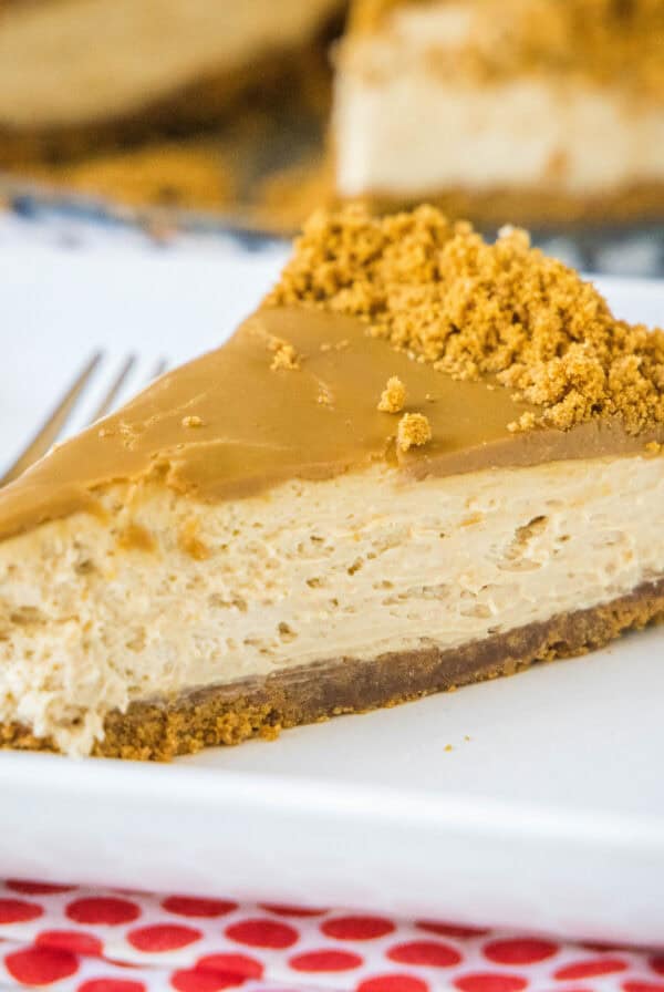 close up slice of no bake biscoff cheesecake on a plate