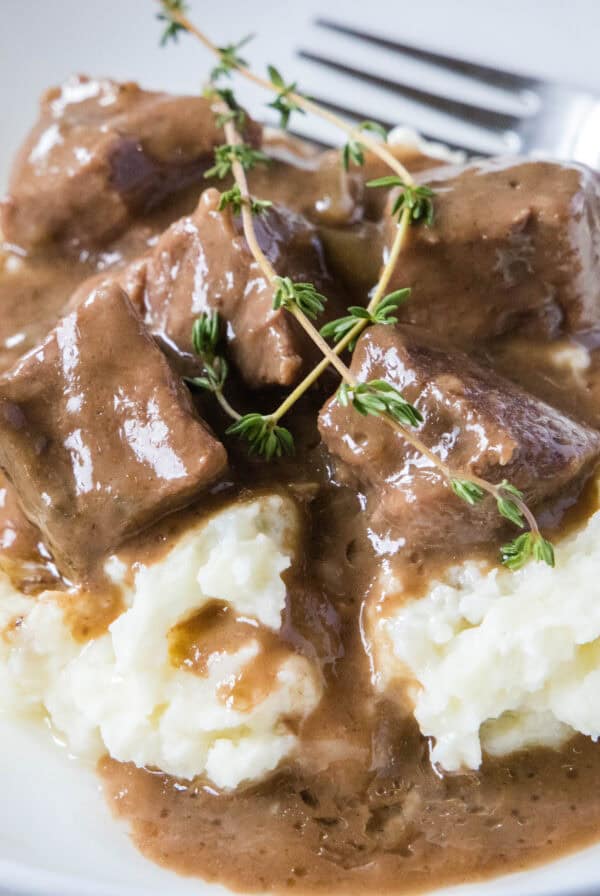 cropped close up no peek beef tips in gravy