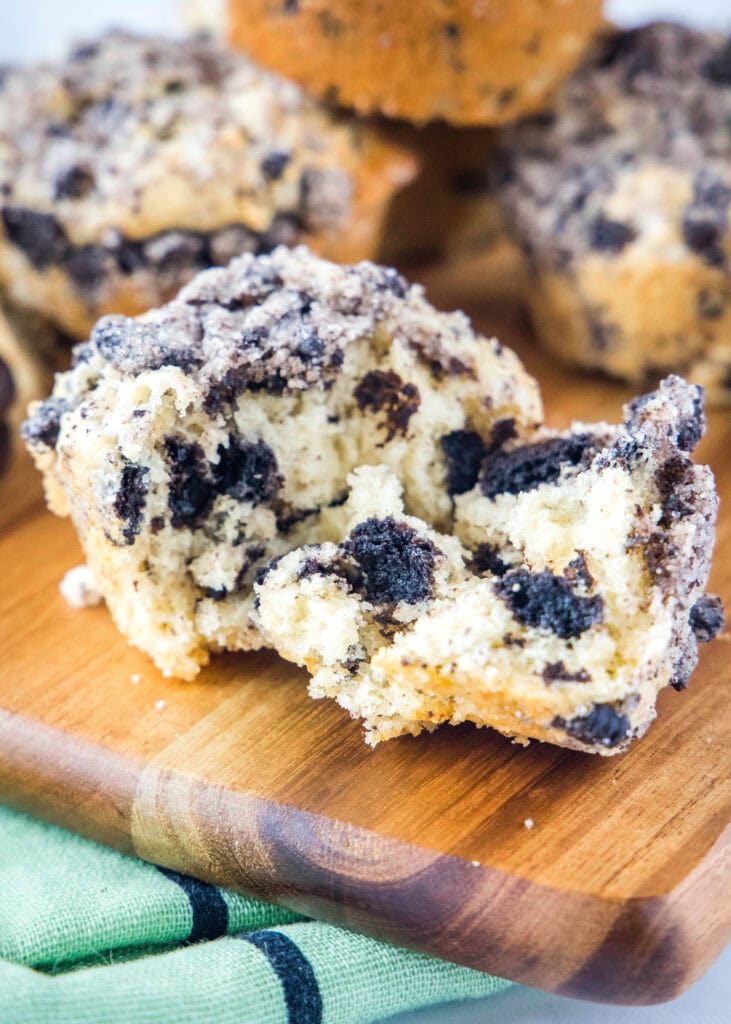 Oreo muffin broken open to show inside