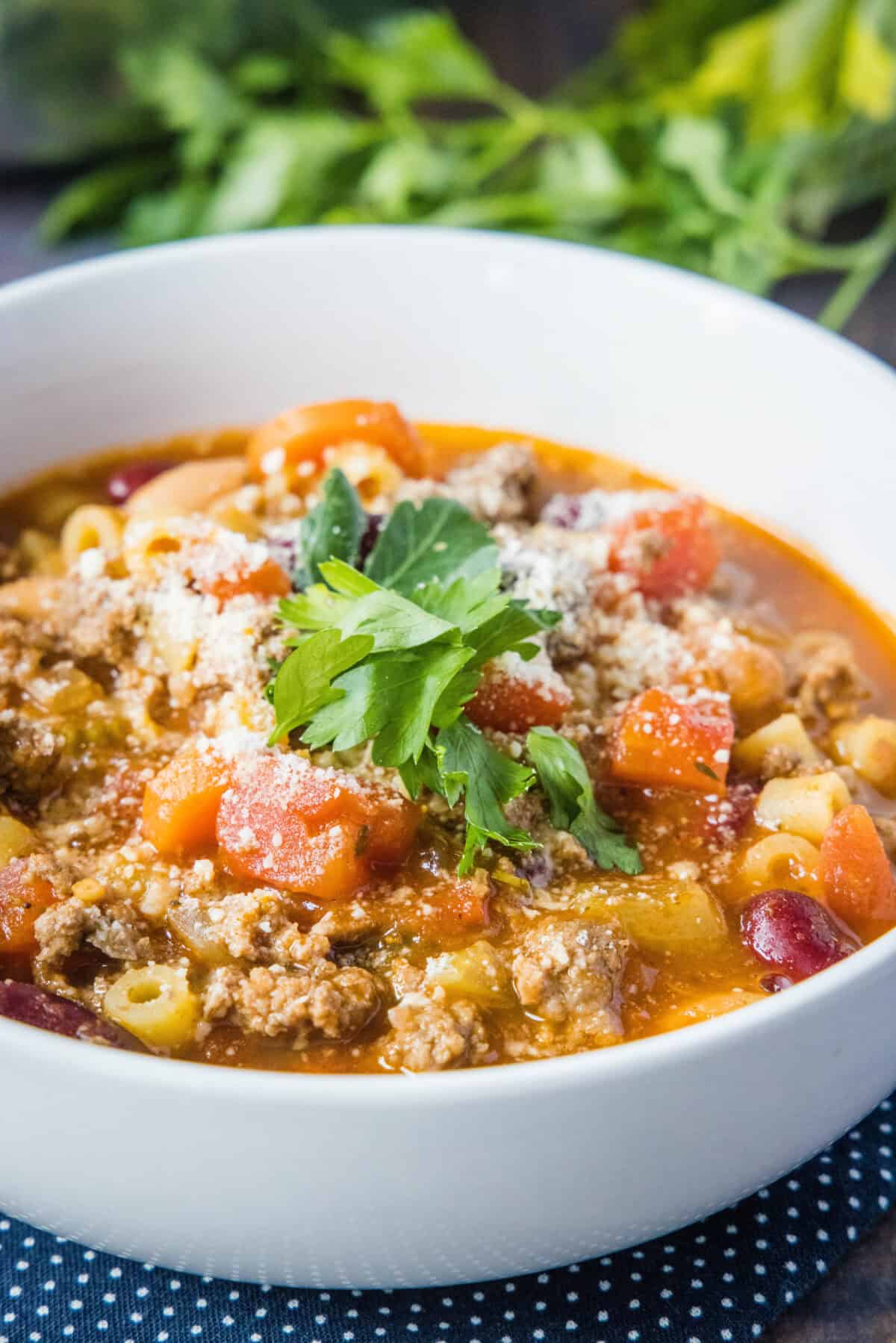 pasta fagioli soup topped with parmesan cheese and parsle