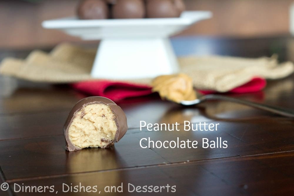 Peanut Butter Chocolate Balls labeled peanut butter chocolate balls on a table