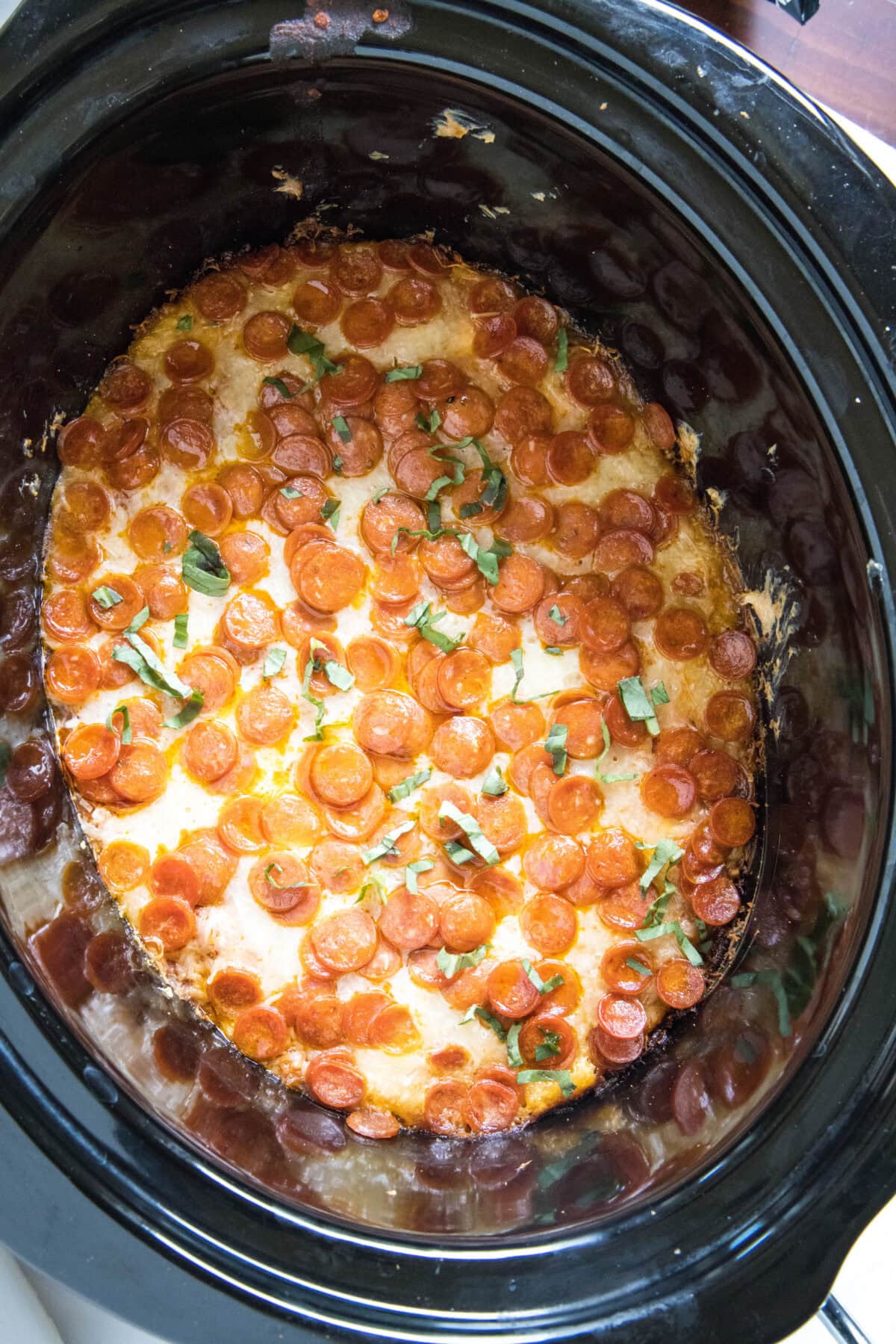 crockpot pizza dip cooked in crockpot