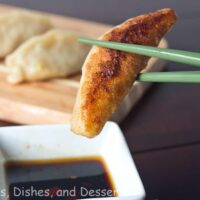 pan fried shrimp and pork potstickers on a board