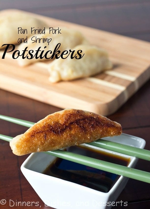 Pan Fried Shrimp and Pork Potstickers | Dinners, Dishes, and Desserts pan fried shrimp and pork potstickers on a board