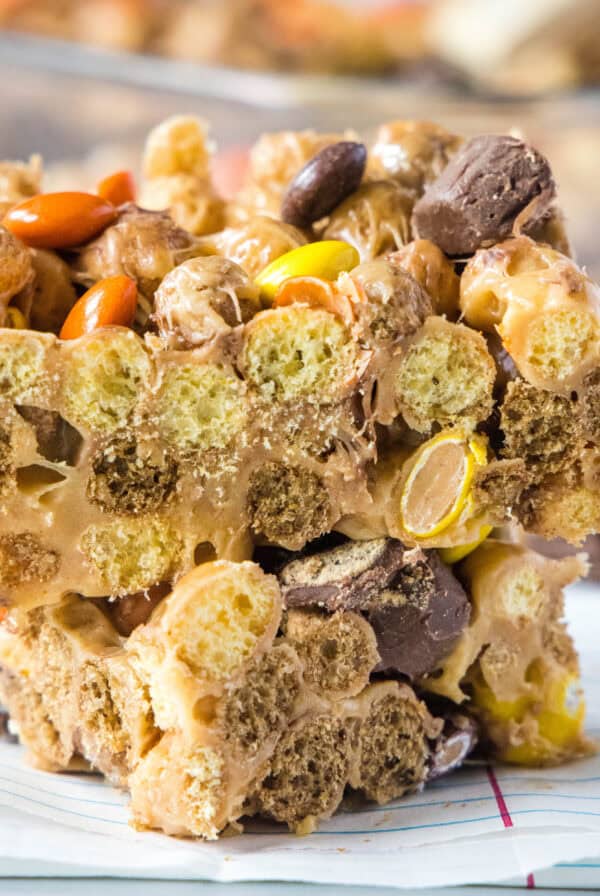 stacked reese's puffs bars cropped close up