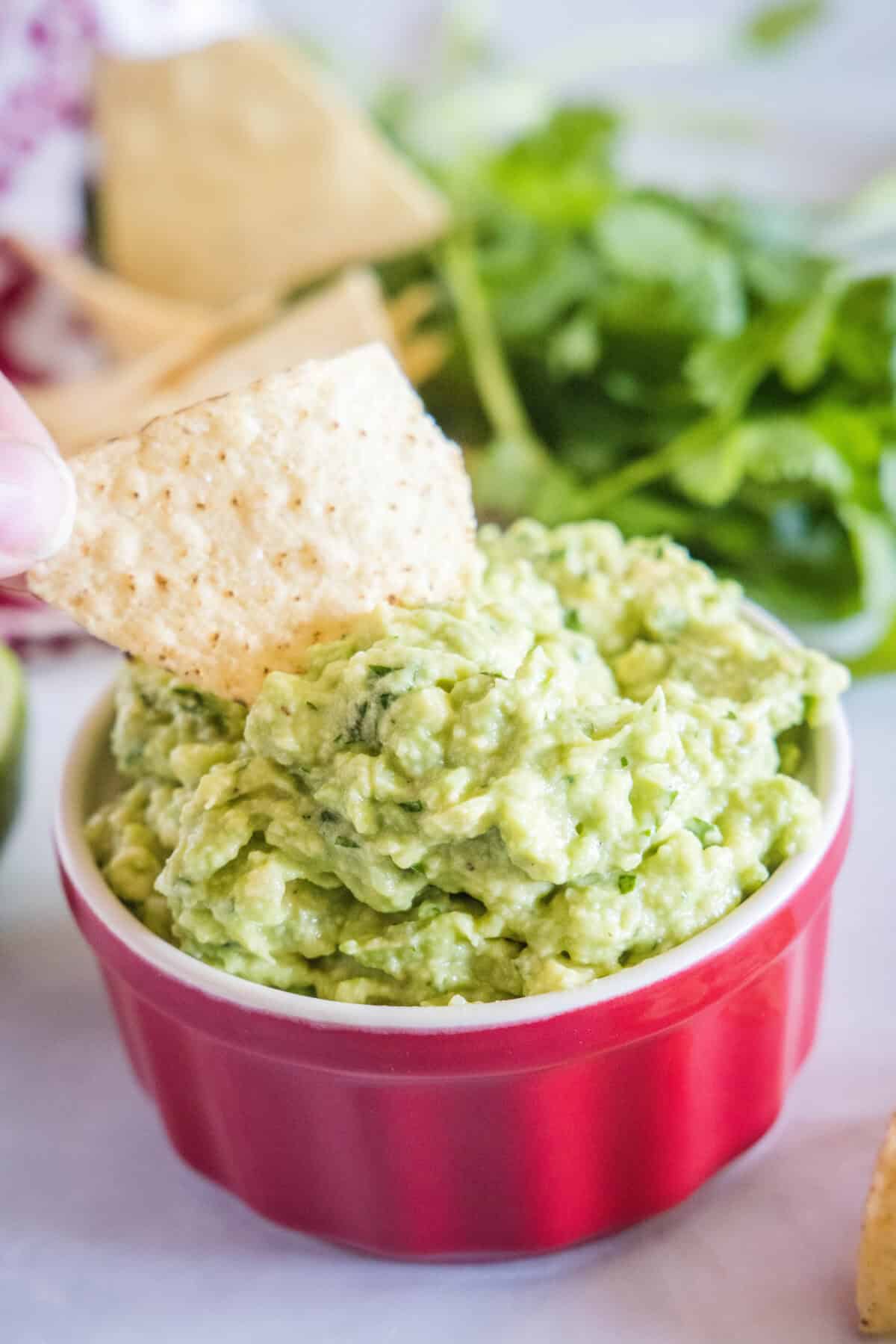 dipping a chip in roasted garlic guacamole