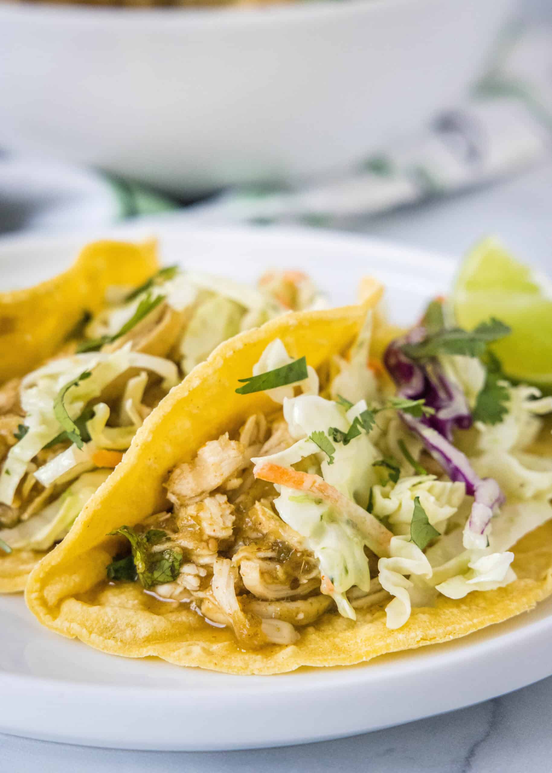 Learn how to cook juicy, flavorful salsa verde chicken in the Instant Pot with just two ingredients, a few spices, and 30 minutes! Two salsa verde chicken tacos on a white plate.
