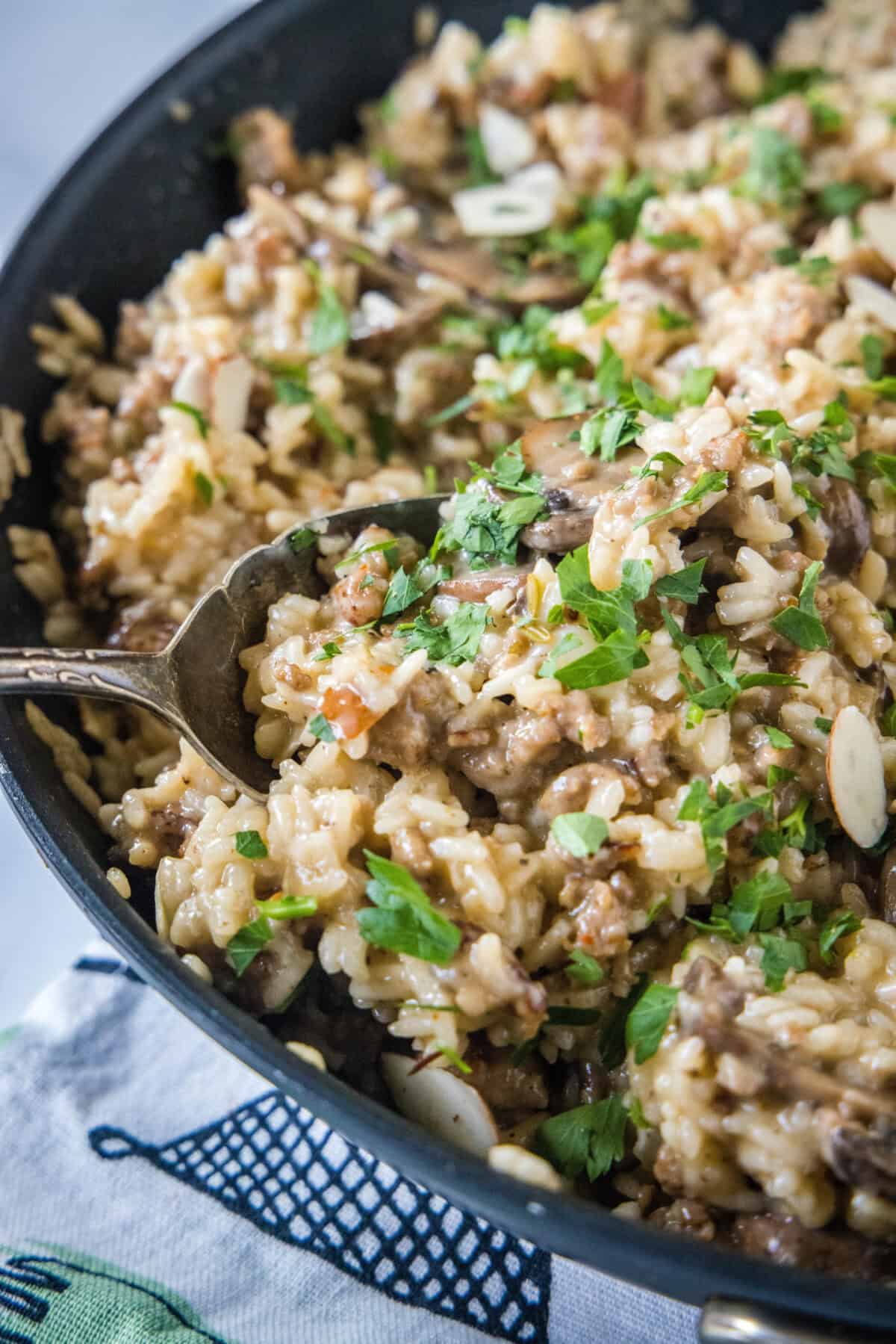 sausage and rice casserole in a skillet