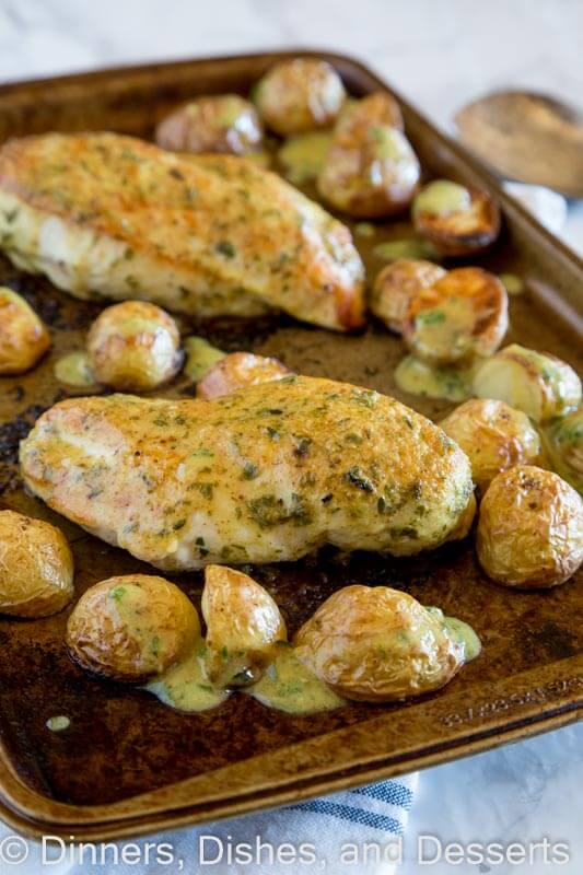 sheet pan chicken with potatoes on a pan