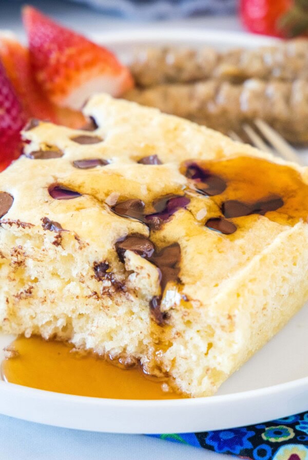 close up sheet pan pancake with syrup