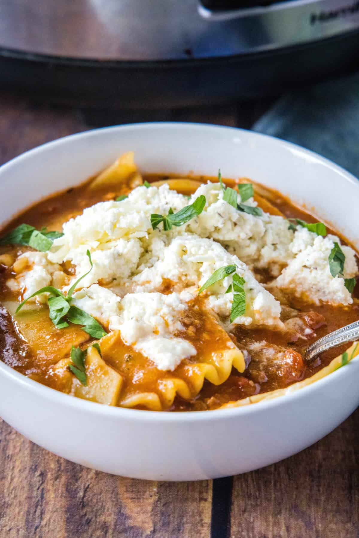 lasagna soup in a white bowl