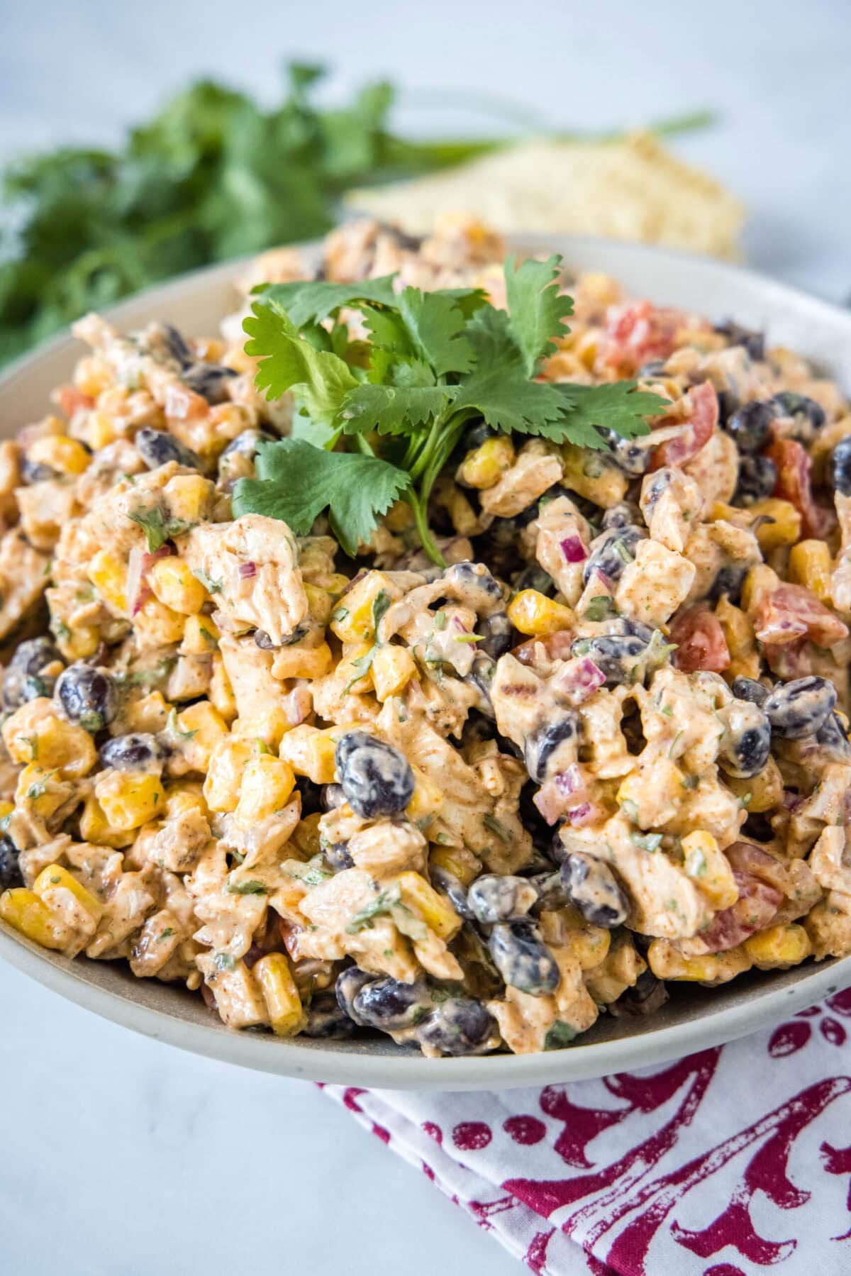 This easy southwest chicken salad has tender chicken meat, fresh vegetables, black beans, and a creamy and tangy southwest dressing. Close up of a bowl of southwest chicken salad topped with cilantro
