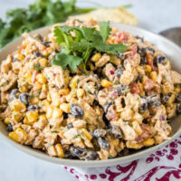 Close up of a bowl of southwest chicken salad topped with cilantro