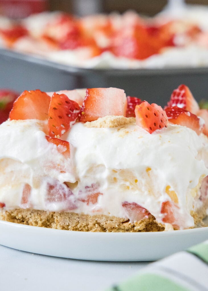 strawberry lush dessert on a white plate