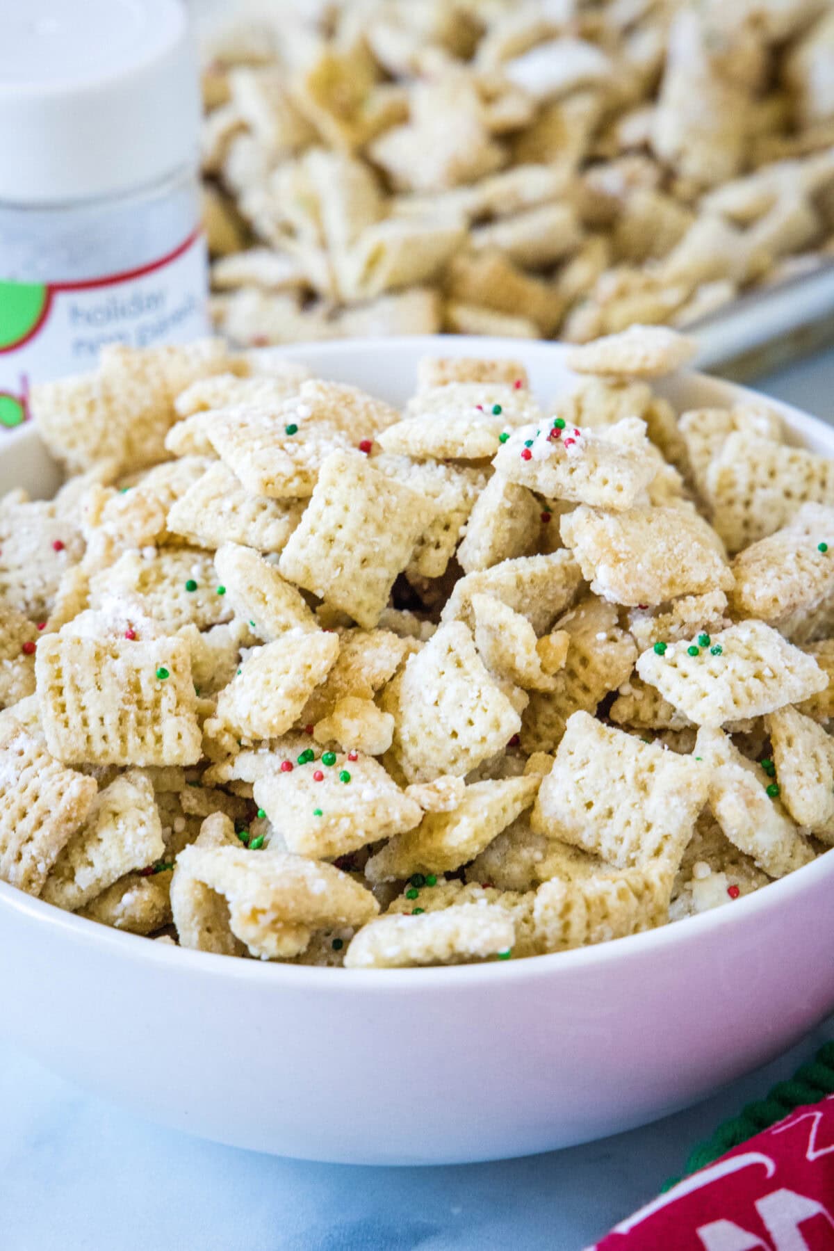 sugar cookie chex mix in a serving bowl