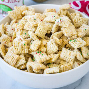 close up bowl of sugar cookie chex mix