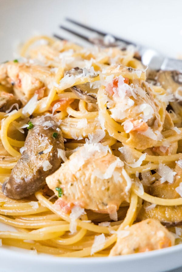 close up tuscan chicken skillet on a white plate